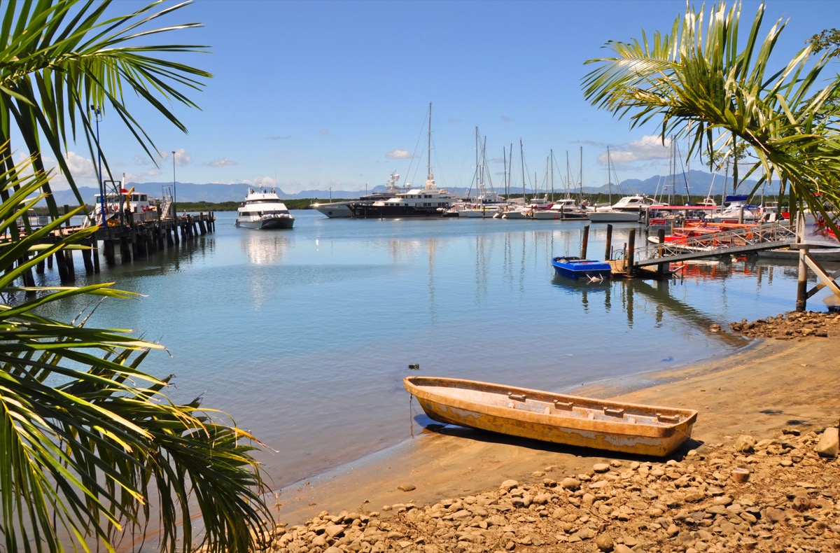 Jetties and moored boats at Port Denarau harbour and marina near Nadi